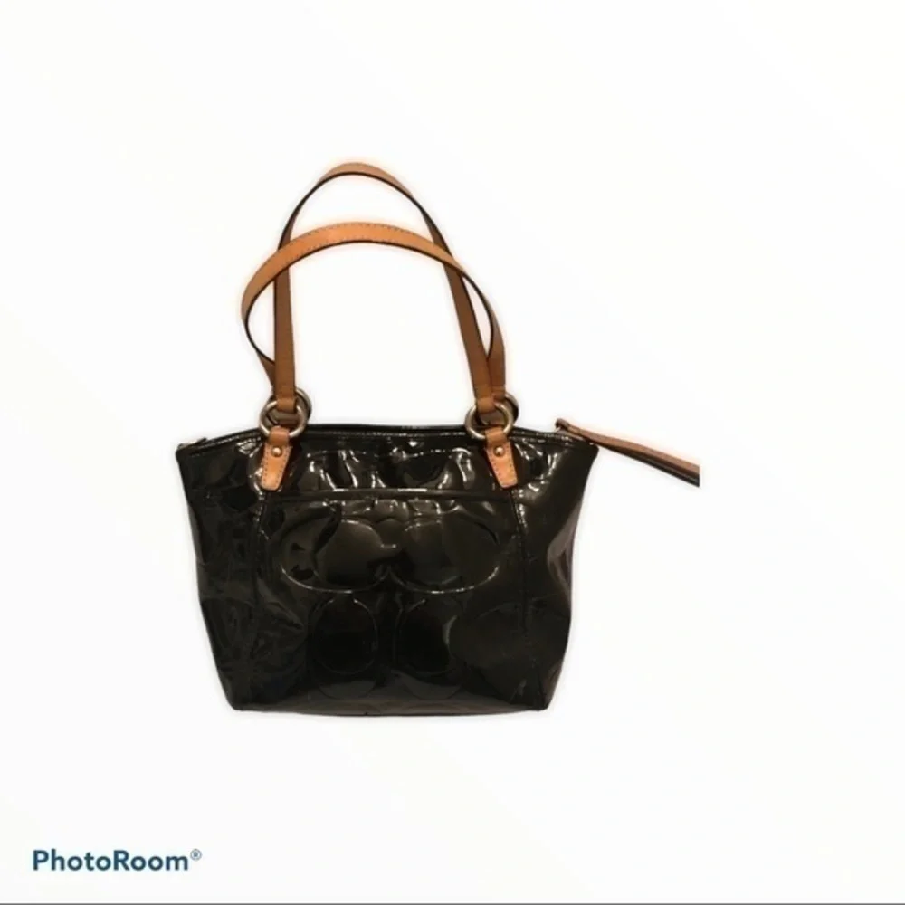 Coach patent leather black c mini tote bag